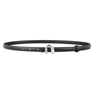 Black skinny leather belt with a silver buckle featuring two small spheres.