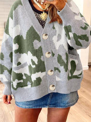 light gray cardigan featuring buttoned and camo