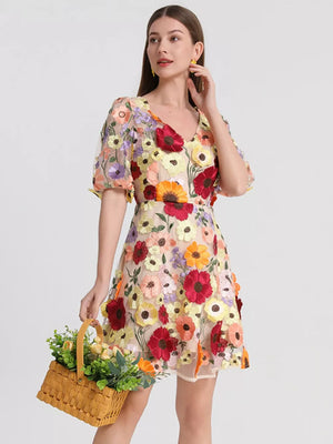 Sheer floral embroidered mini dress with V-neck and puff sleeves