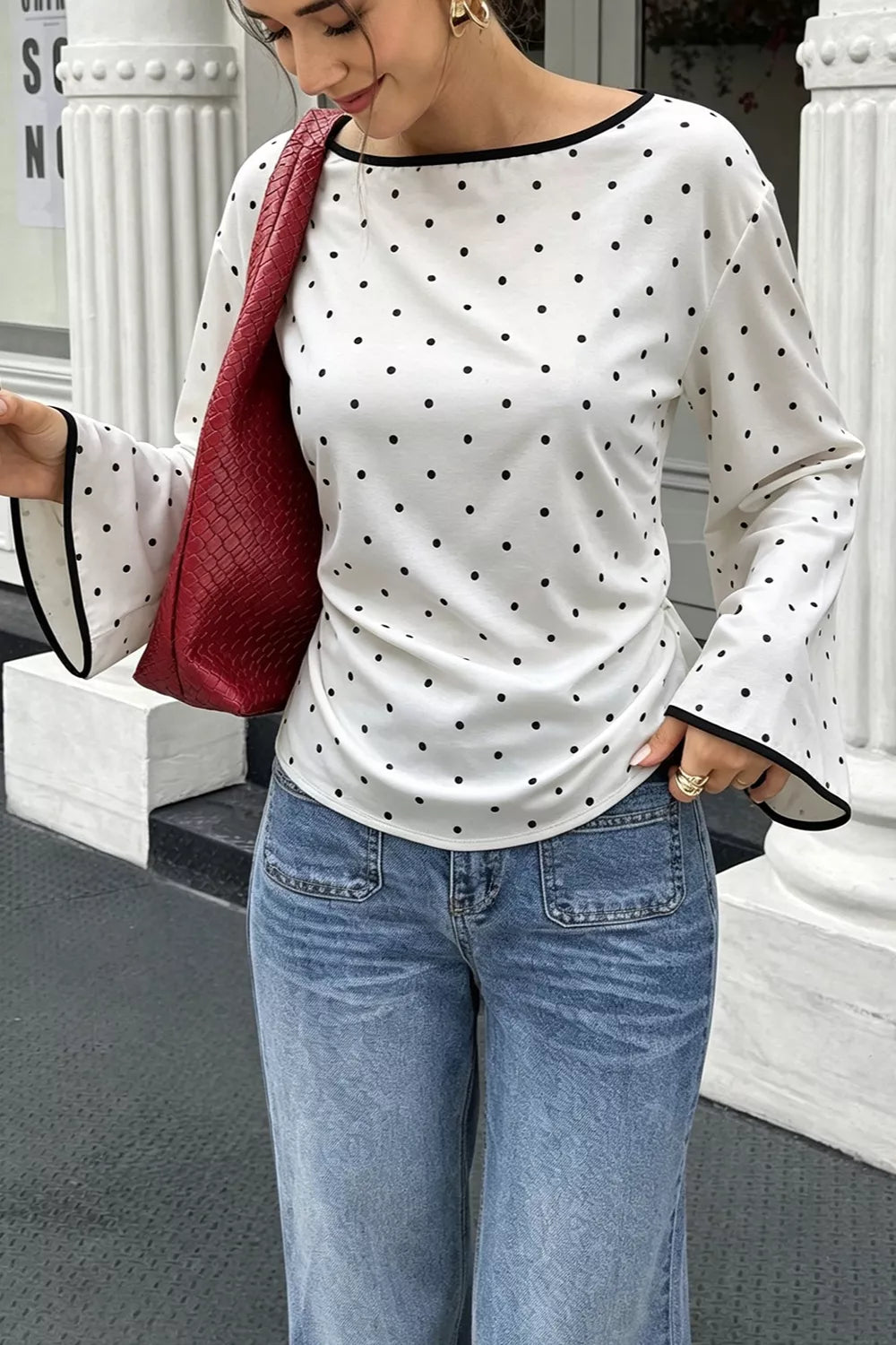 White Polka Dot Flare Sleeve Blouse