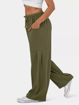 Army green maternity pants with drawstring waist, wide legs and pockets.