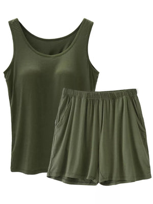 Army green relaxed fit tank top and elastic waist shorts pajama set with pockets.