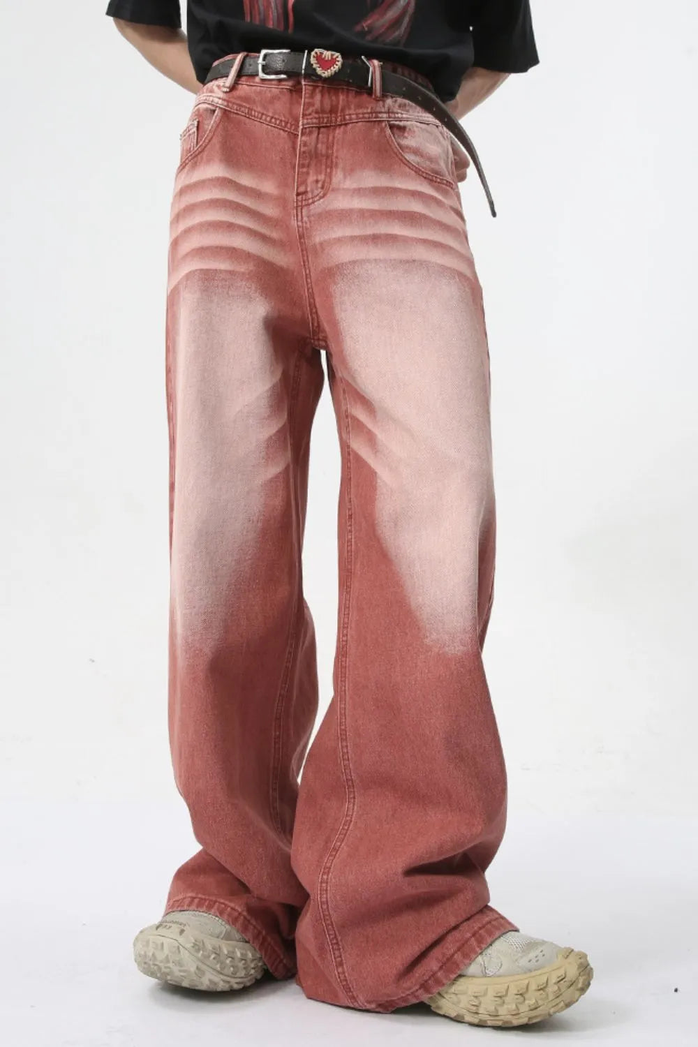 Sunset dip-dye wide leg jeans in rust with a faded effect and relaxed fit.