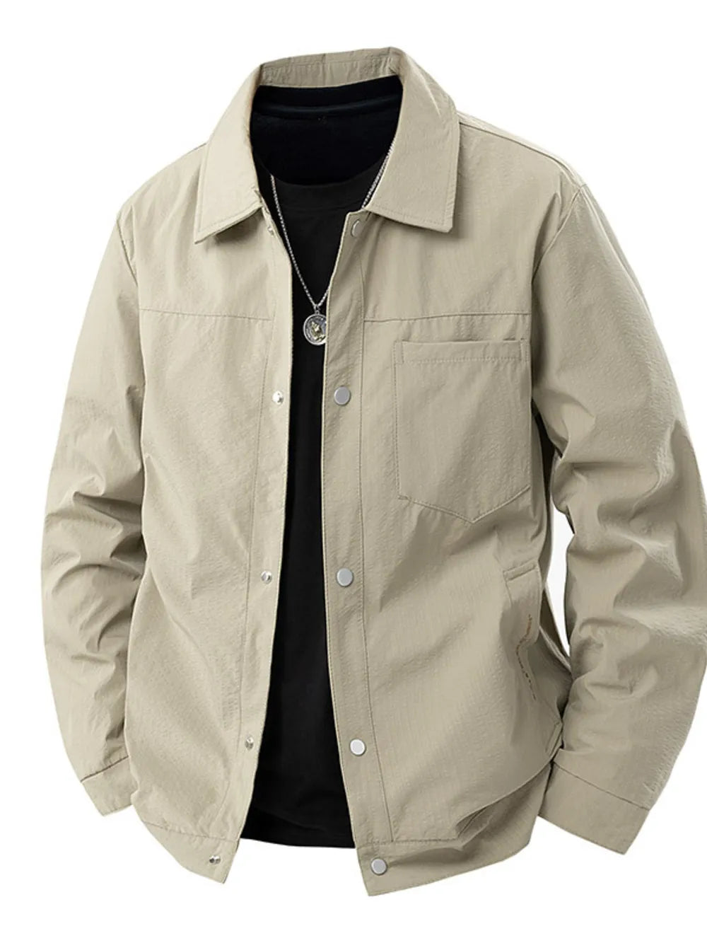 Light Khaki snap-down jacket for men with a collared neckline and chest pocket.