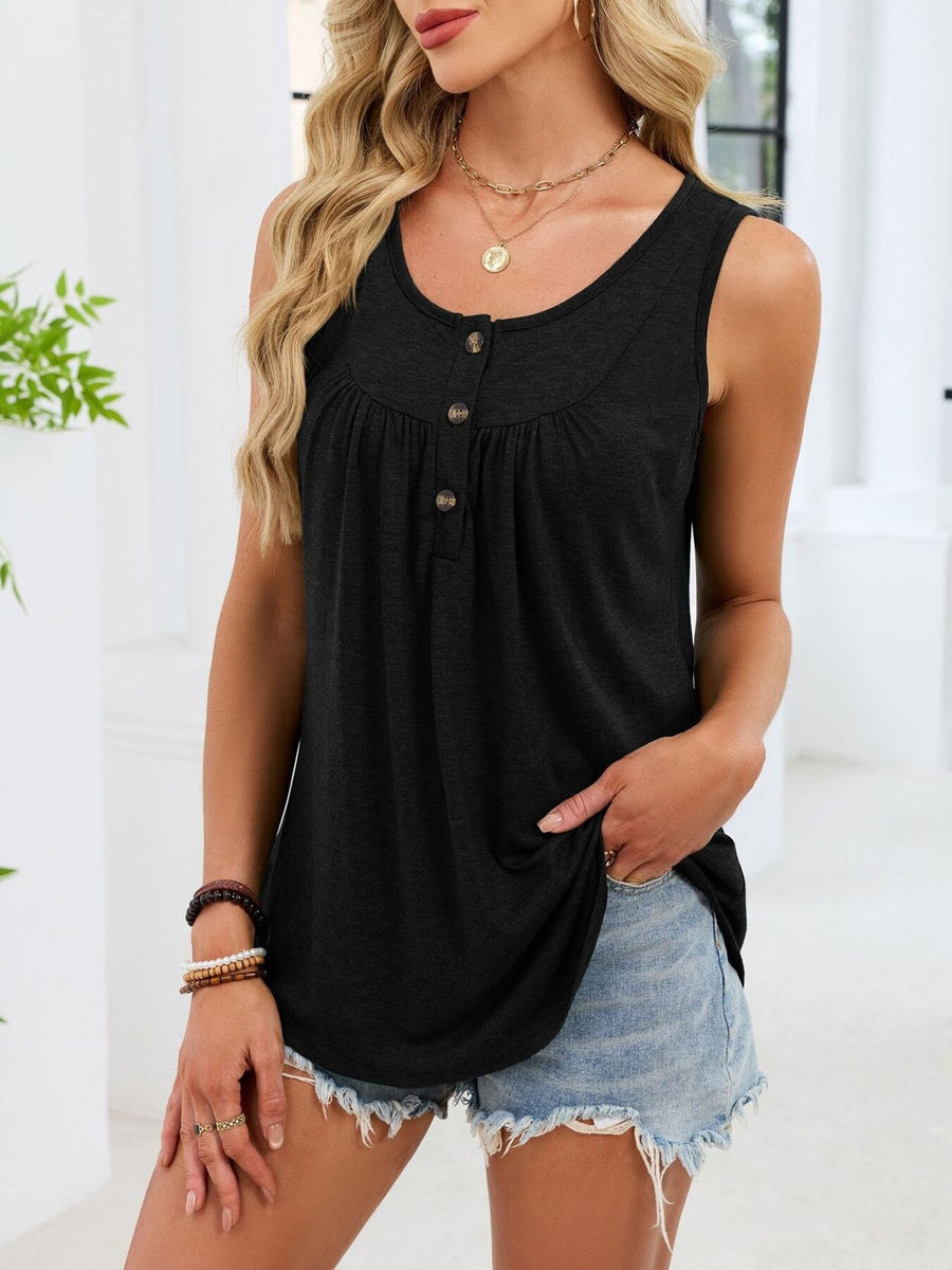 Black ruched tank top with button detail and curved hem.