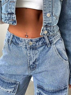 light blue wide-leg jeans with full-length and zip-front