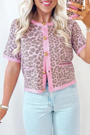 Pink leopard print short sleeve cardigan with button front and pockets