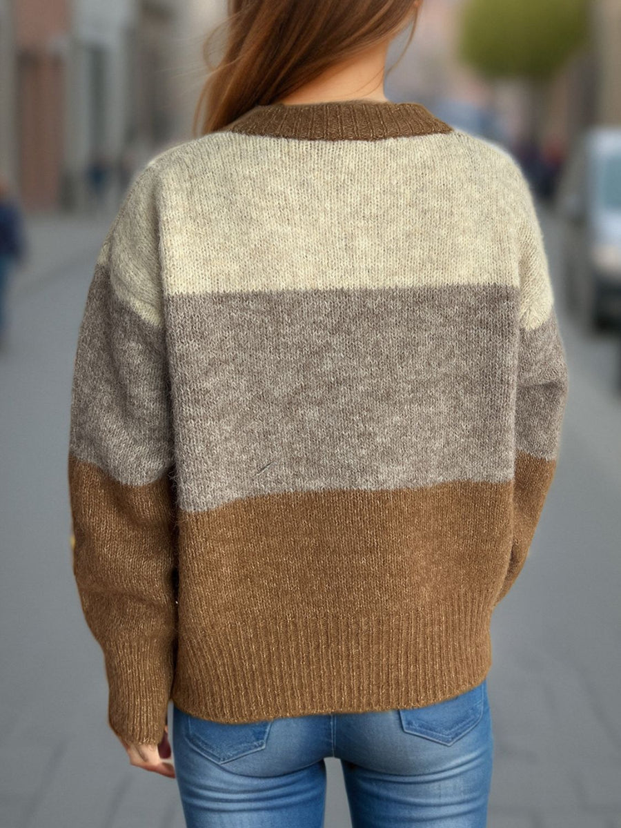 Colorblock crewneck button-down knit cardigan in beige, gray, and caramel acrylic.