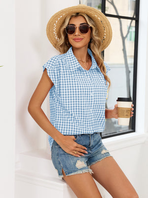 Plaid Button Up Cap Sleeve Shirt in Blue, view 12