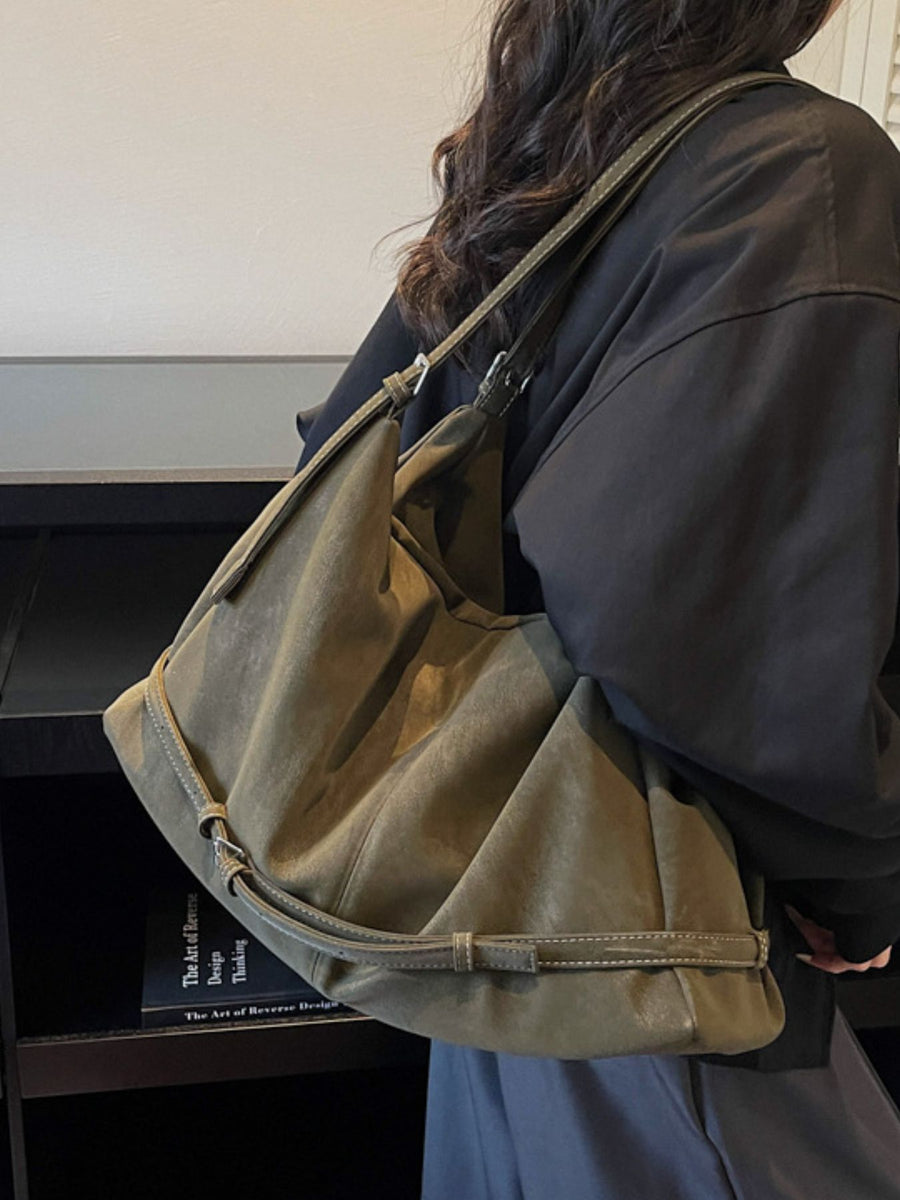 Adjustable Strap Suede Handbag Tote Bag in olive green with adjustable straps