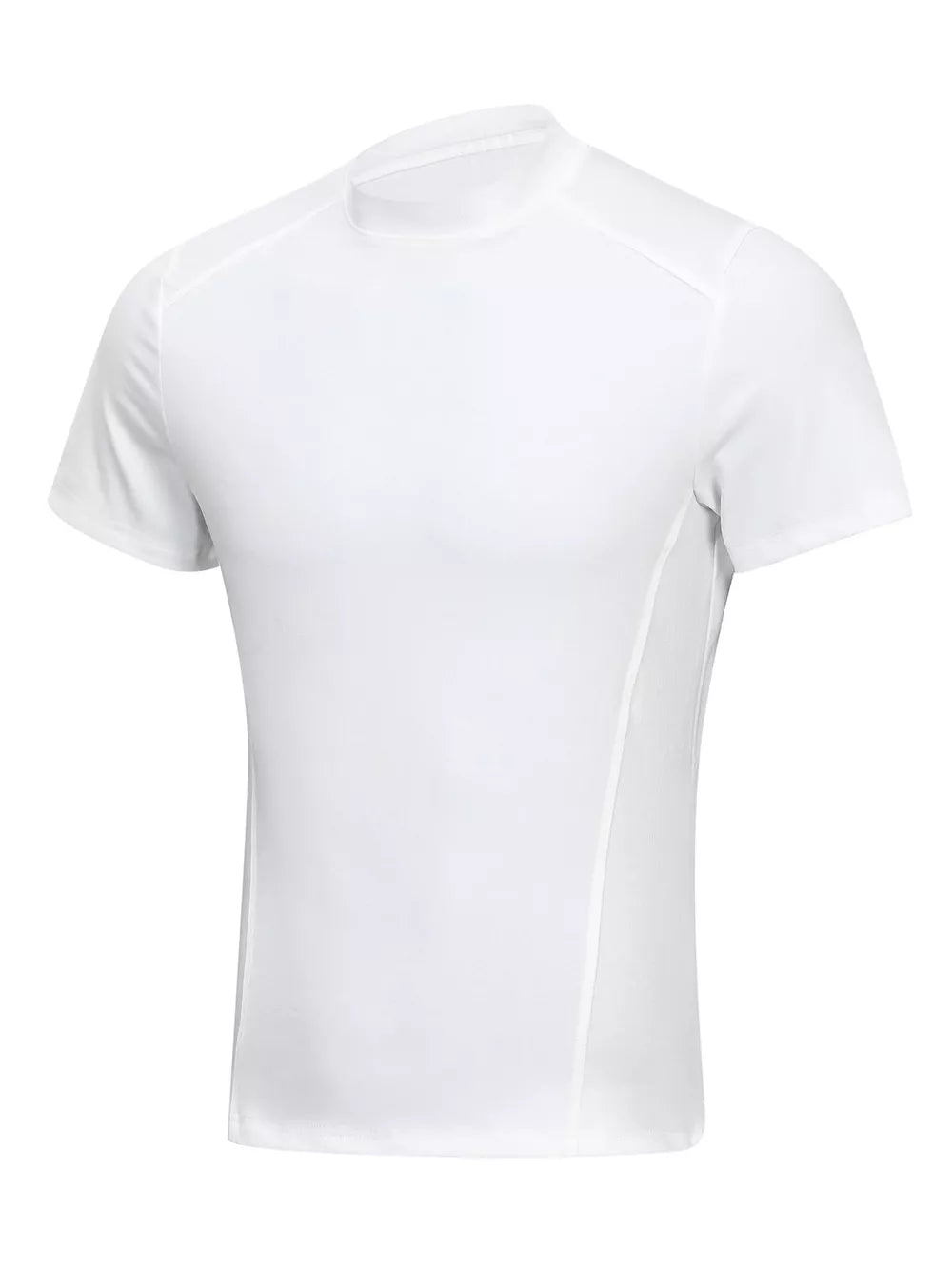 White athletic fit mock neck t-shirt with short sleeves and side panel detail.