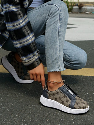 Logo print zip-up platform sneakers in tan with a white platform sole.
