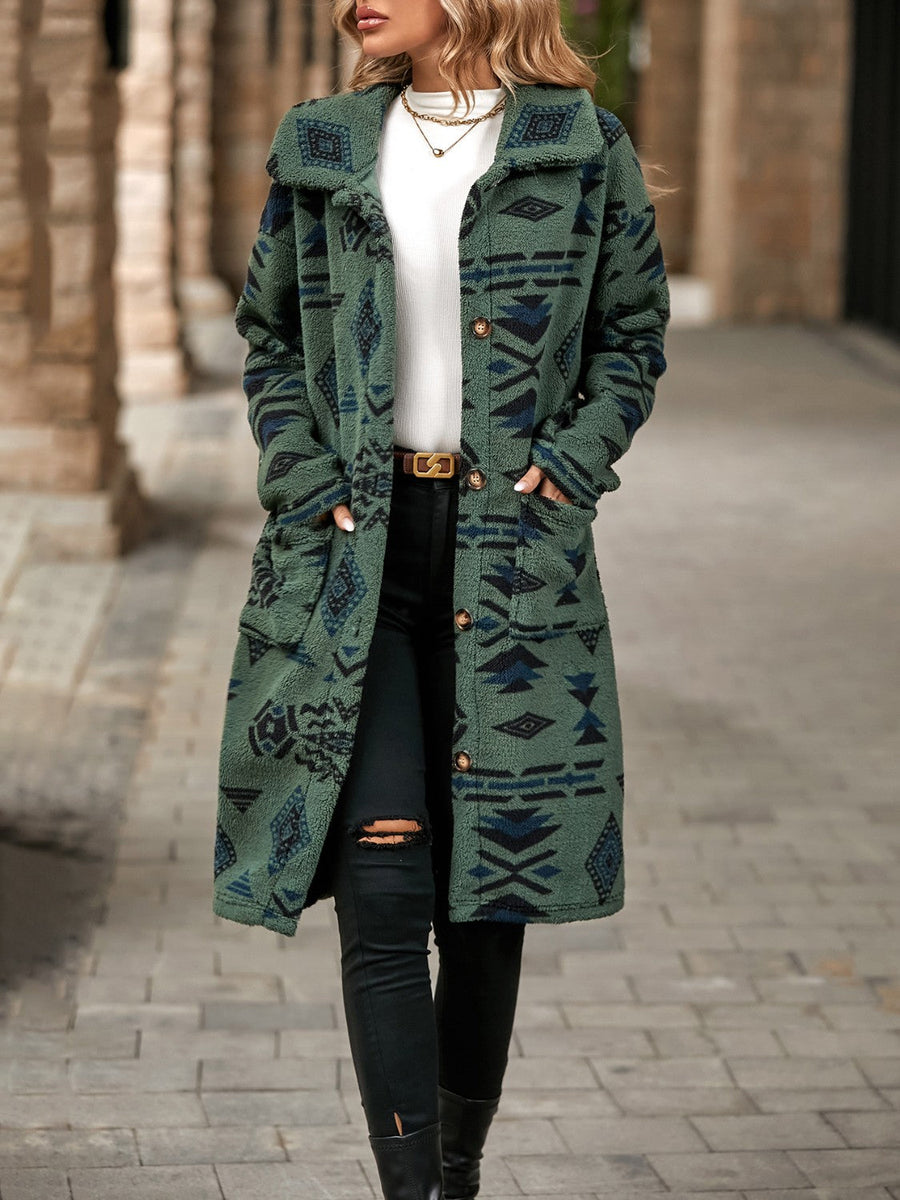 Sage Aztec print teddy longline coat with button front and pockets