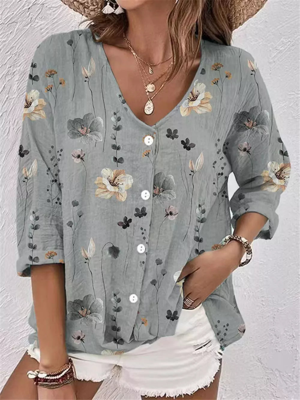 Dusty Blue button-down shirt with roll-tab sleeves and long sleeve