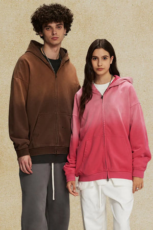 Oversized zip-up hoodie with vintage wash in coffee brown and hot pink ombre.