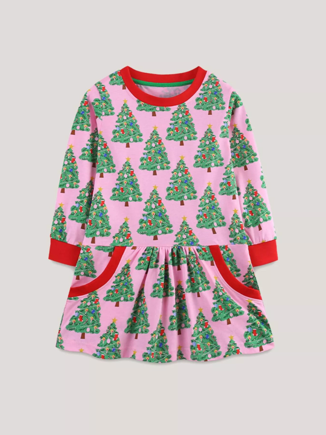 Pink Christmas tree long-sleeve dress with red trim and pockets