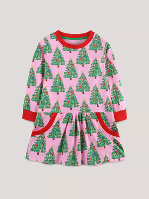 Pink Christmas tree long-sleeve dress with red trim and pockets