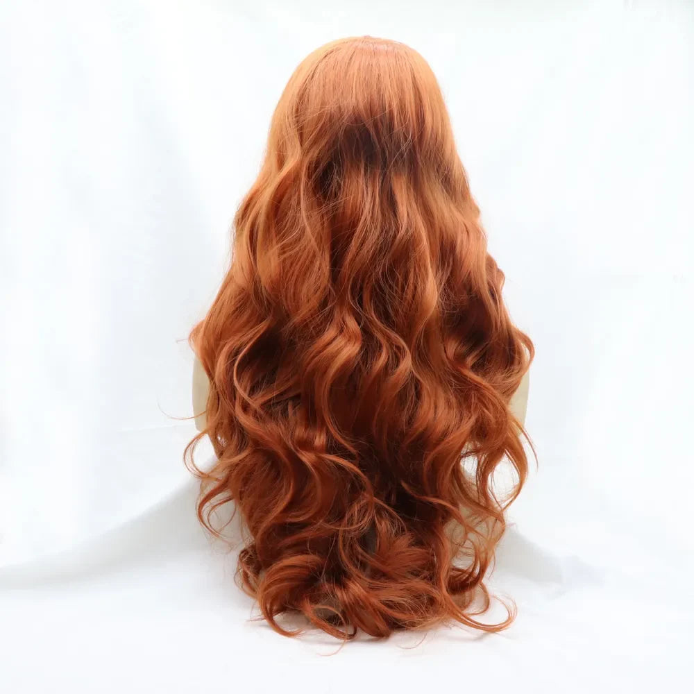 Orange synthetic lace front wig with long, wavy hair styled in beachy waves.