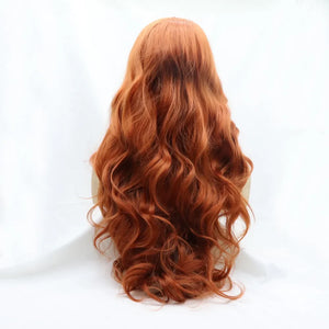 Orange synthetic lace front wig with long, wavy hair styled in beachy waves.