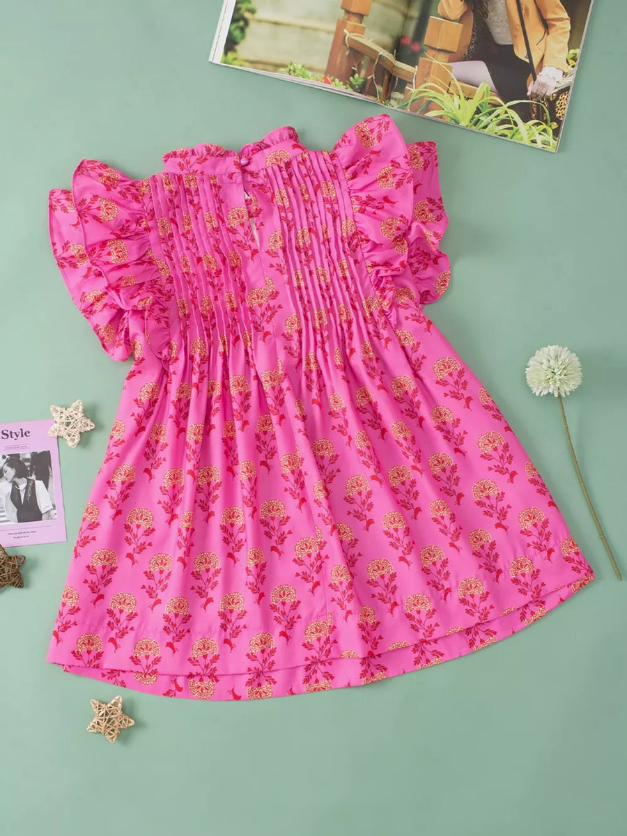 Pink floral print blouse with ruffled flutter sleeves and pintuck detail