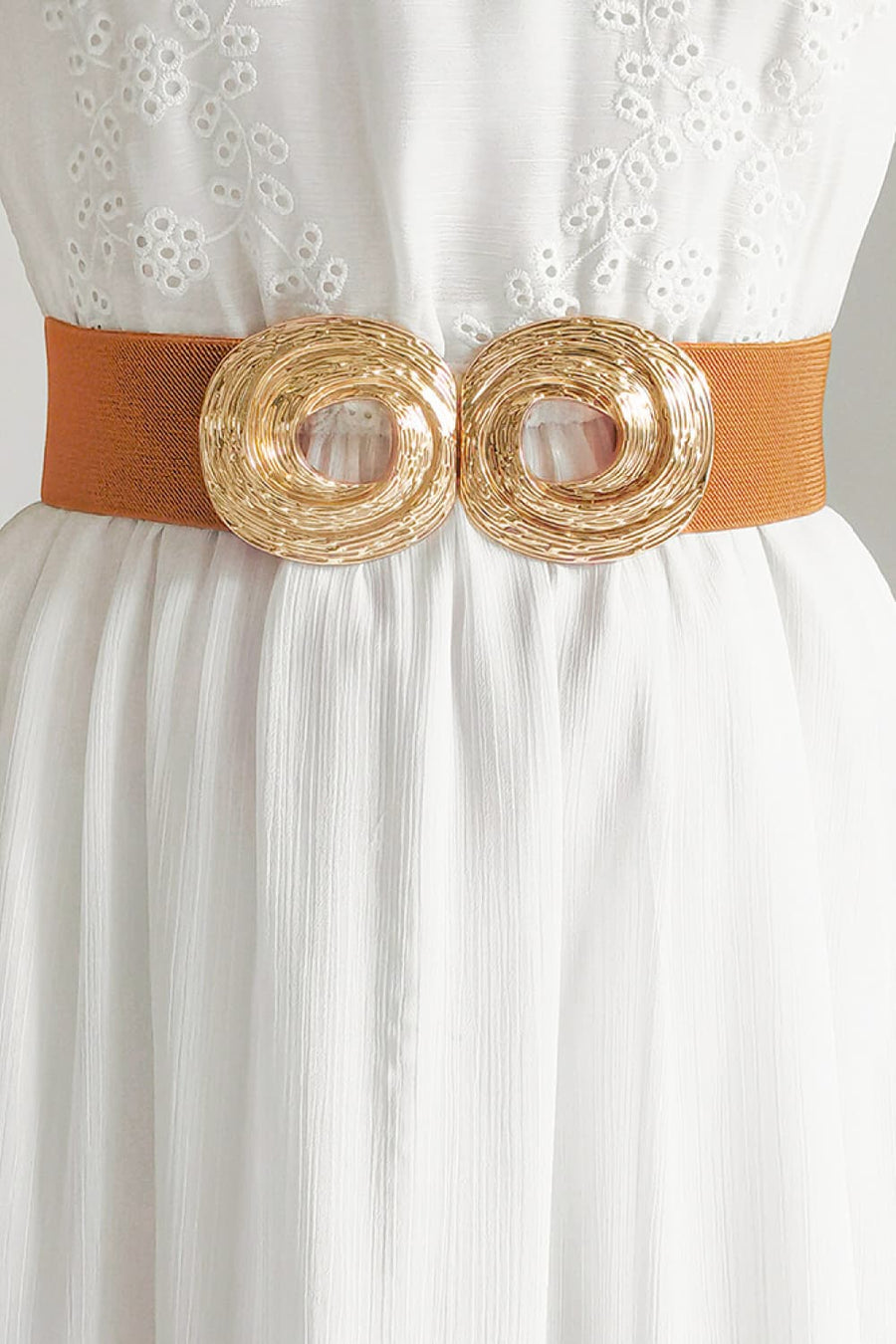 Caramel elastic belt with double gold sculptural buckle detail