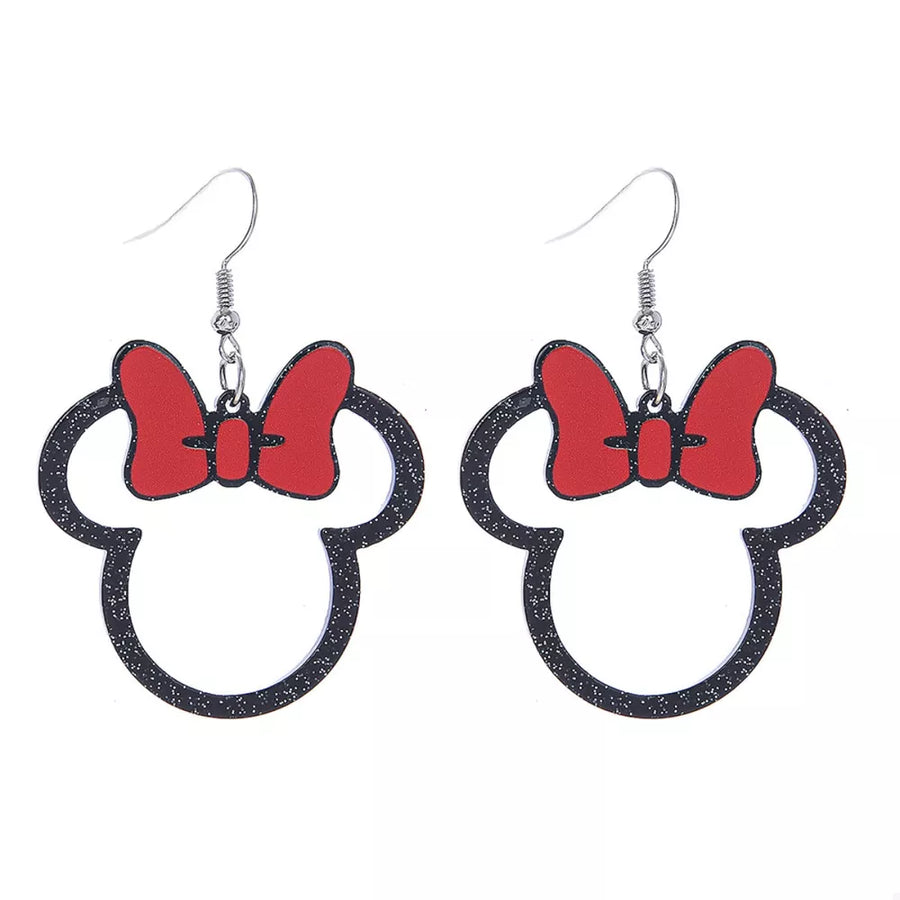 Mickey Mouse inspired bow drop earrings in red and black glitter acrylic.