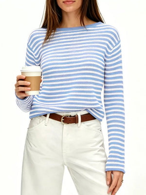 white pullover sweater featuring stretch and striped