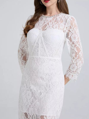 White lace midi dress with sheer sleeves and beaded neckline