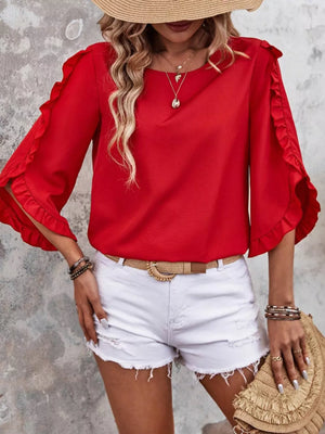 Red ruffled sleeve blouse with button detail, round neck, 3/4 sleeves.