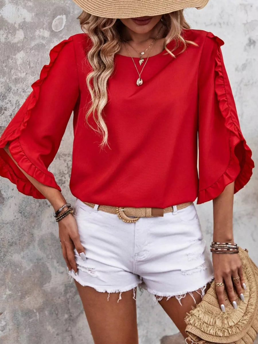 Red ruffled sleeve blouse with button detail, round neck, 3/4 sleeves.