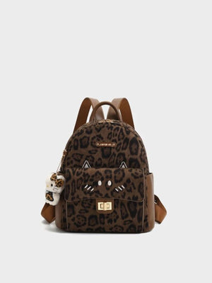 Mini cartoon cat backpack in brown leopard print with adjustable straps and a cute charm.
