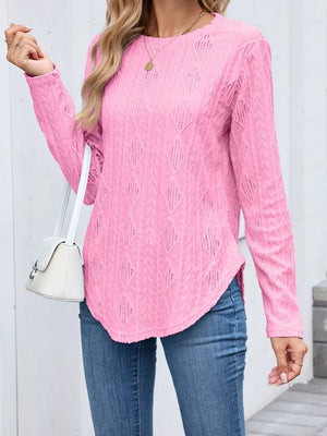 Pink Textured Diamond Knit Long Sleeve T-shirt