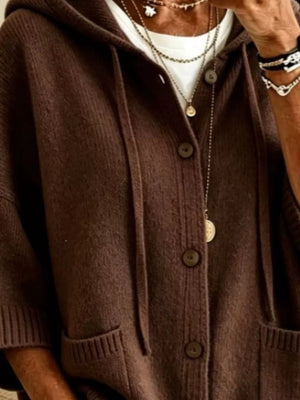 Hooded Button-down Knit Cardigan in olive green with hooded