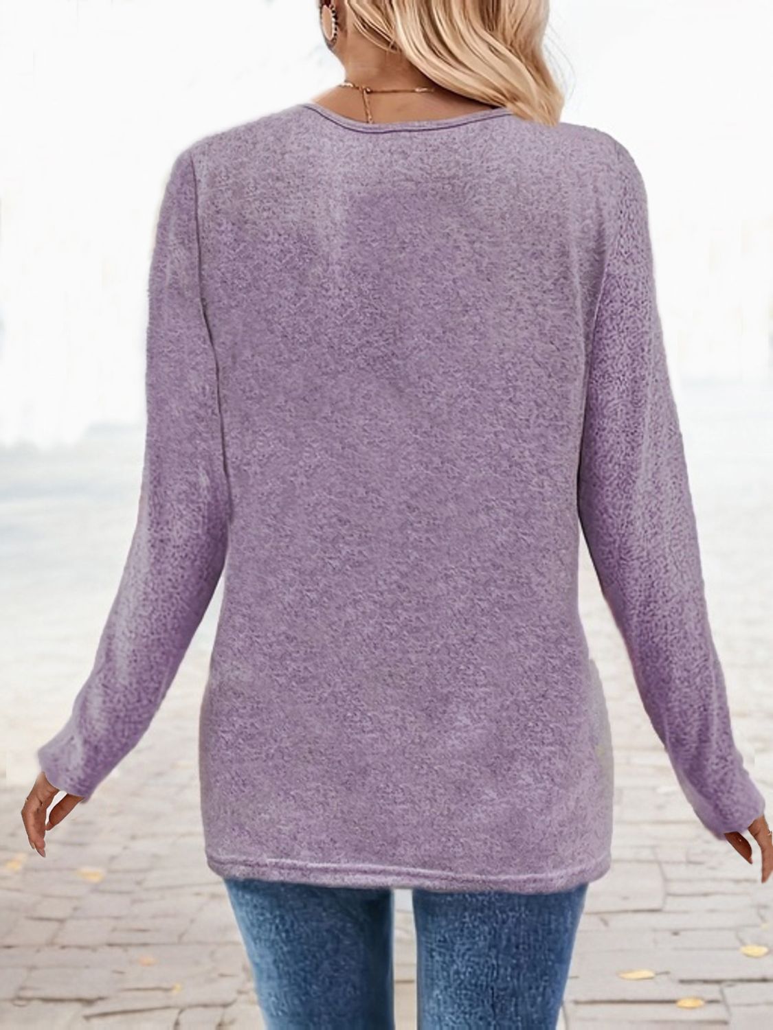 Lavender Button-Detail Slub Knit Square Neck Top