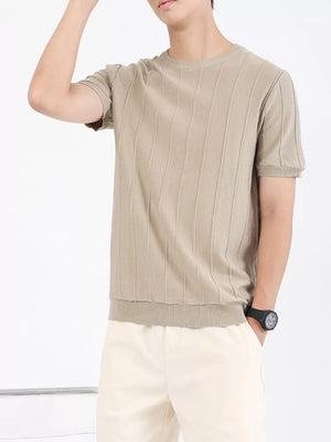 Men's short sleeve t-shirt in coffee with vertical rib texture and crew neck.
