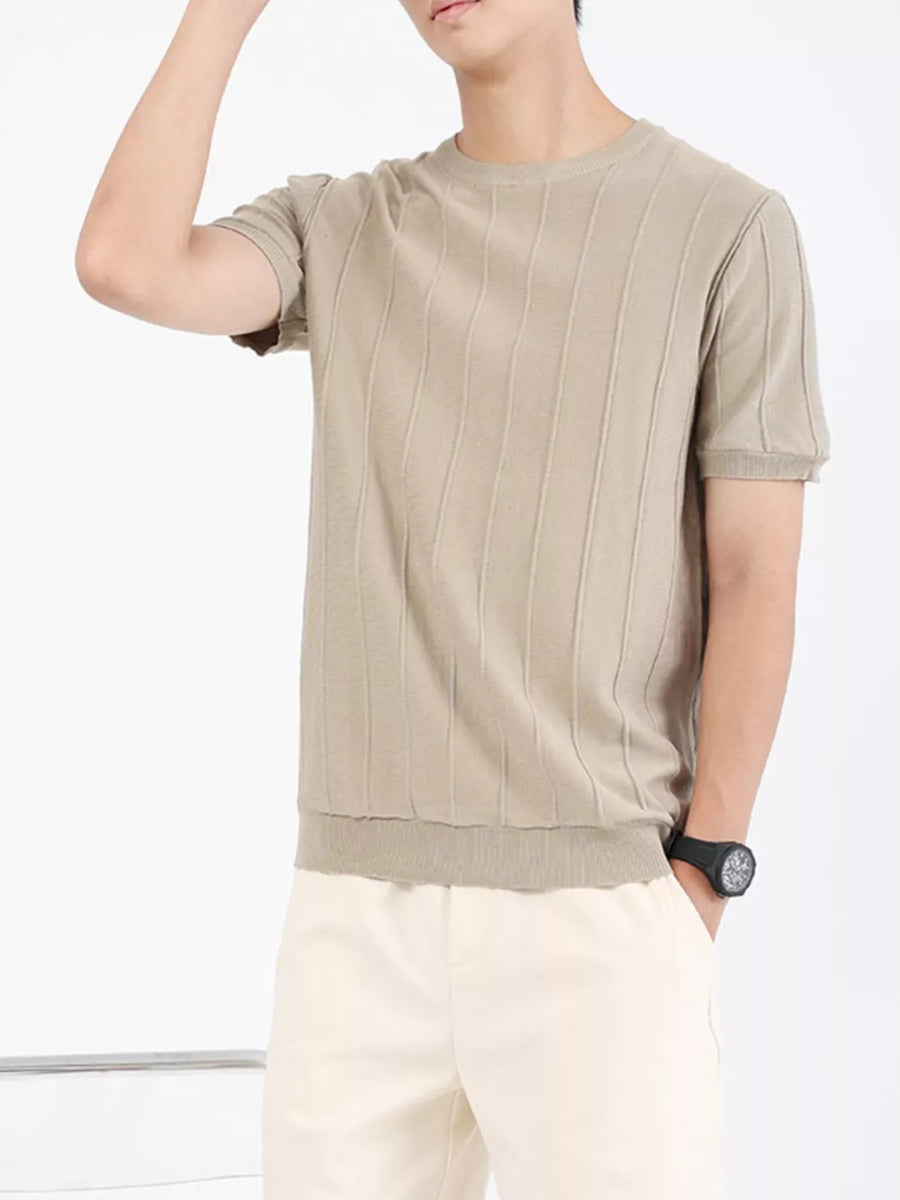 Men's short sleeve t-shirt in coffee with vertical rib texture and crew neck.