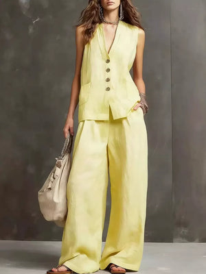 Sleeveless Buttoned Vest And Wide-leg Pants Set in Black