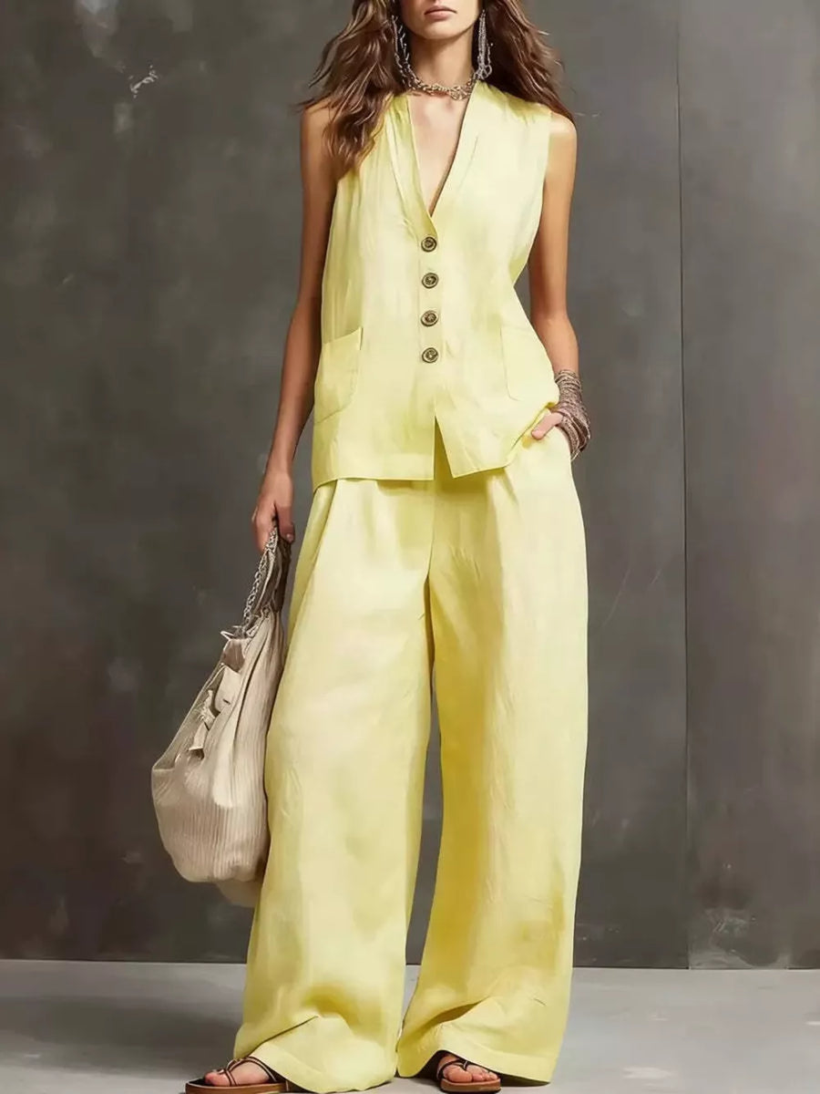 Sleeveless Buttoned Vest And Wide-leg Pants Set in Black