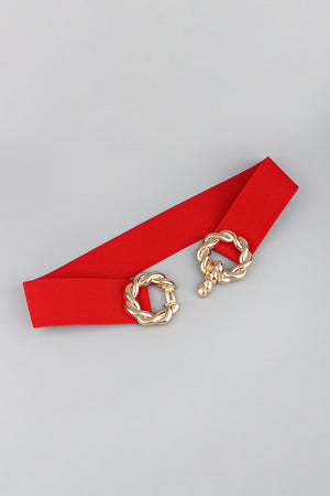Red braided stretch belt with gold knot buckle detail