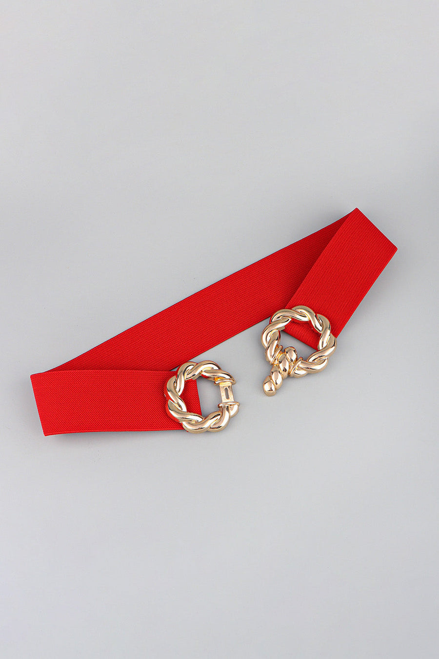 Red braided stretch belt with gold knot buckle detail