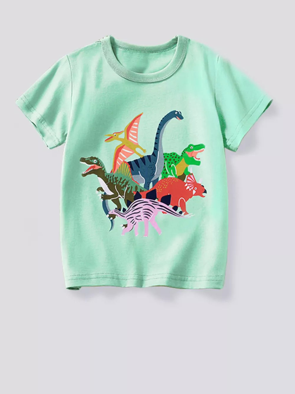 Toddler mint green cotton blend t-shirt with colorful dinosaur graphic print