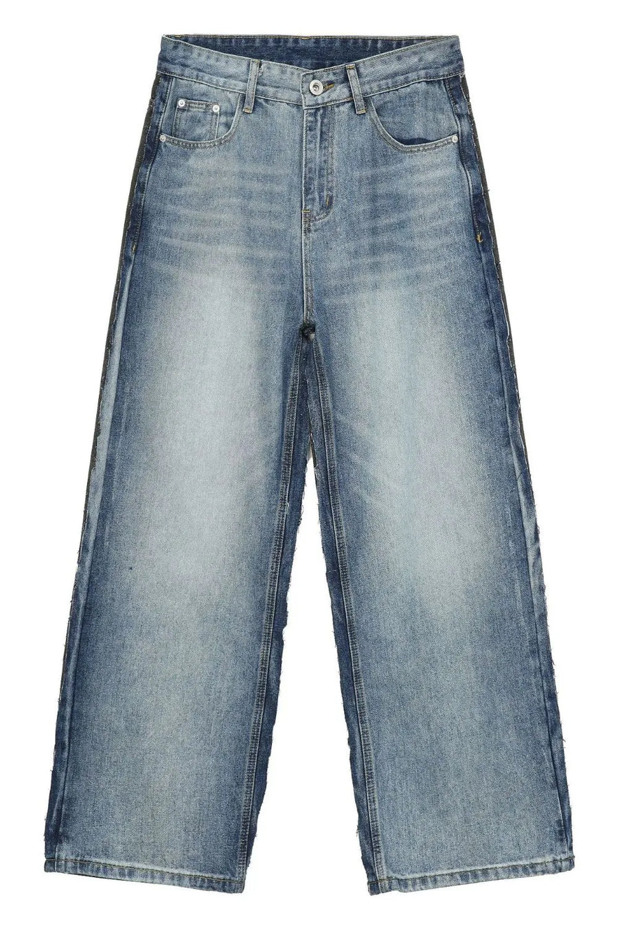 Paneled wide-leg denim trousers in medium wash with a relaxed fit.