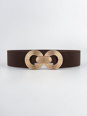 Brown elastic belt with interlocking gold buckle
