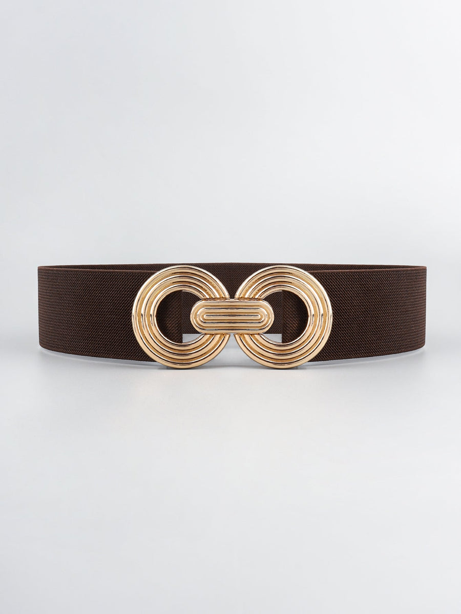 Brown elastic belt with interlocking gold buckle