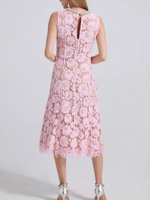 Pink lace dress with embellished neckline and keyhole back detail