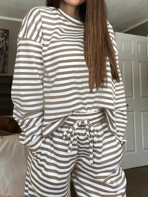Drawstring Striped Long Sleeve Top And Pants Set in Khaki