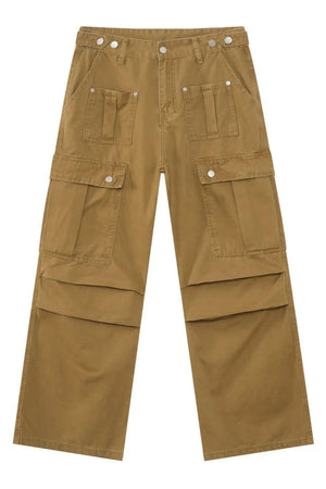 Khaki cargo pocket wide-leg trousers with multiple flap pockets and button closures.