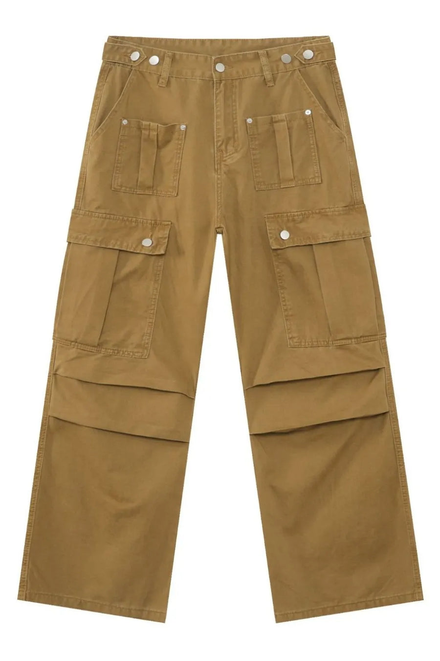 Khaki cargo pocket wide-leg trousers with multiple flap pockets and button closures.