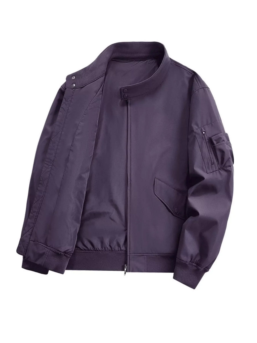 Plus-size dark purple bomber jacket with zip front, snap collar, and utility sleeve pocket.