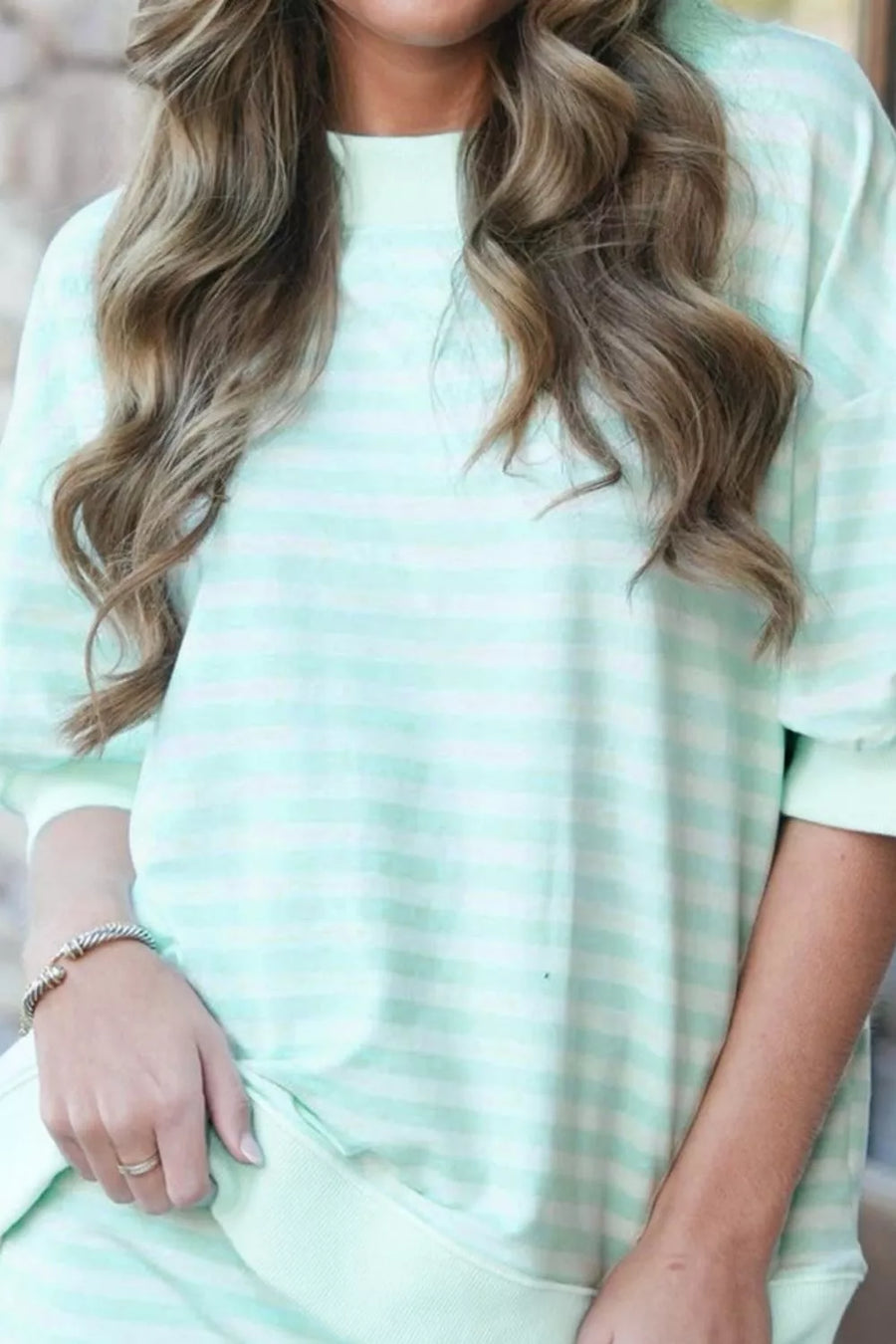 Mint green striped sweatshirt with crewneck and cuffed sleeves